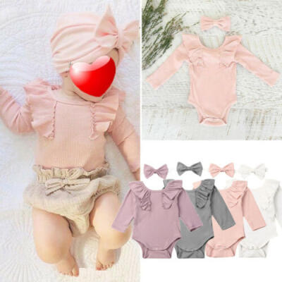 

Newborn Baby Girl Long Sleeve Solid Ruffle Romper Jumpsuit 2PCS Outfits Clothes