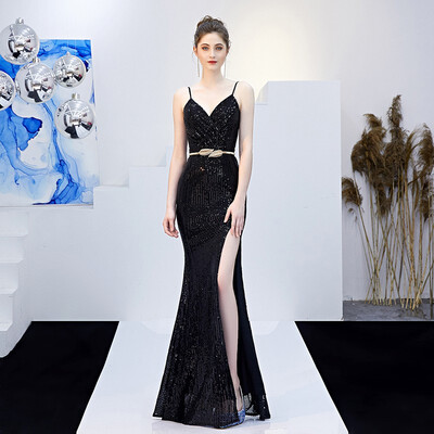 

Sexy Sling Women Mermaid Evening Dress Fashion Sleeveless Sequin Party Prom Dress Long Slim Host Dress
