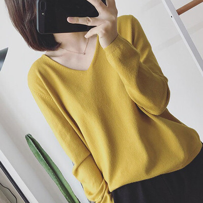 

Womens solid color sweater deep V-neck top stretch cotton tight bottoming long-sleeved knitwear code