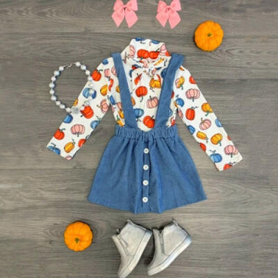 

Toddler Kids Girl Pumpkin Print Clothes Shirt Top Bib Skirt Halloween Outfit Set