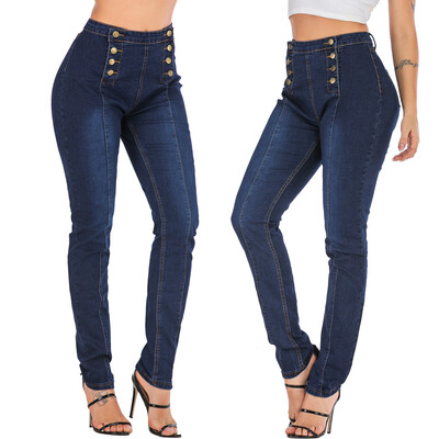 

Tailored Fashion Women High Waist Buttons Bodycon Casual Pencil Full Jeans Pants
