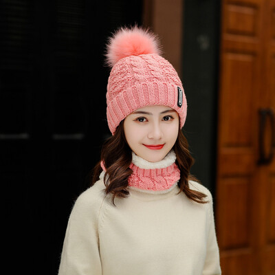 

2pcsSet Women Winter Warm Pom Hat Cap Scarf Neck Thickened Plush Wool Knit
