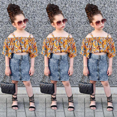 

Kids Baby Girls Clothes Off Shoulder T-shirtDenim Skirts Toddler Summer Outfits