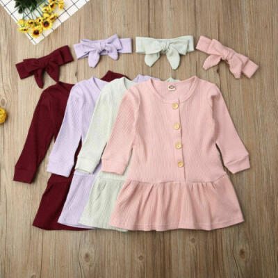 

Autumn Cotton Knitted Sweater Dress Headband Clothes for Infant Baby Girls Kids