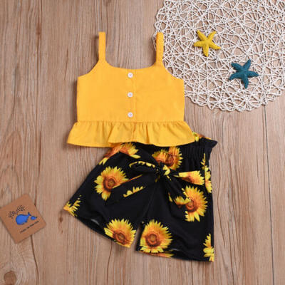 

Toddler Baby Kid Girl Sleeveless Tops T-shirt Tank Floral Shorts Pants Outfits