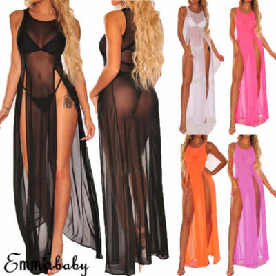 

Sexy Women Bikini Cover Up Swimwear Sheer Beach Maxi Split Dress Sarong Pareo UK