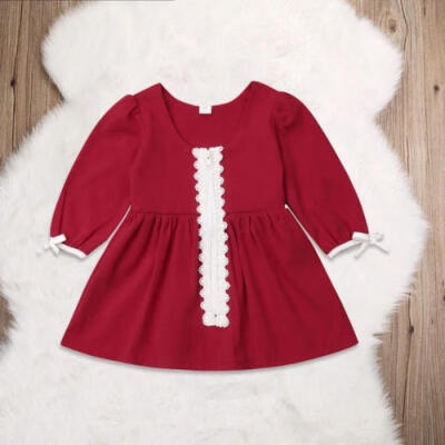 

Cotton Baby Girls Lace Dress Kids Dresses For Girls Red Long Sleeve Princess Casual Party Dress 1-6Y