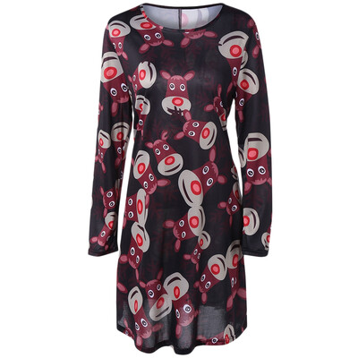 

Long Sleeve Elk Print Mini Christmas Dress