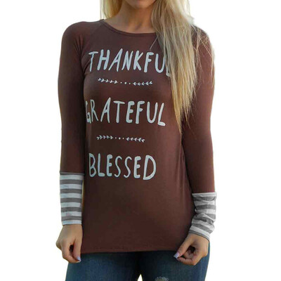 

Nomeni Women Long Sleeve Letter Printed Striped Splicing O-Neck T-Shirt
