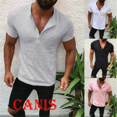 

Mens Slim Fit V Neck Short Sleeve Muscle Tee T-shirt Casual Tops Henley Shirts