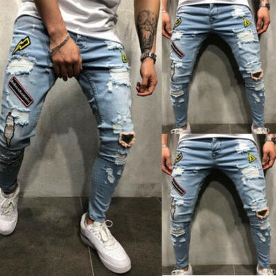 

Mens Ripped Skinny Biker Jeans Destroyed Frayed Slim Fit Denim Pants Trousers