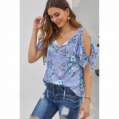 

Womens Vintage Shirt V-neck Short Sleeve Plant Print Shirt