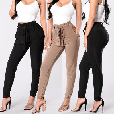 

Chic Women Ladies New High Waist Stripe Drawstring Elastic Long Pants Pencil Trousers