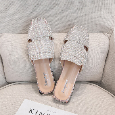 

Slipper women 2019 summer new fashion bright diamond thick with Baotou half drag Joker Korean version of pierced ins drag