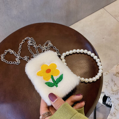 

Tailored Fashion Women Cute Flower Plush Pearl Chain Handle Bags Crossbody Bag Purse