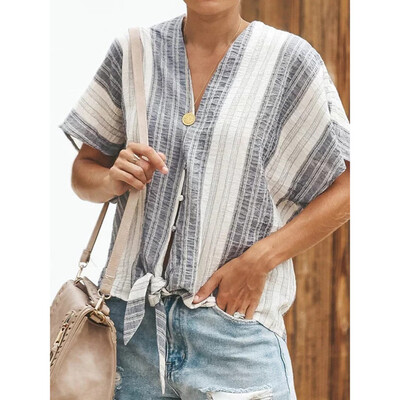 

Nomeni Womens V-neck Casual Short-sleeved Patchwork Striped Top T-shirt