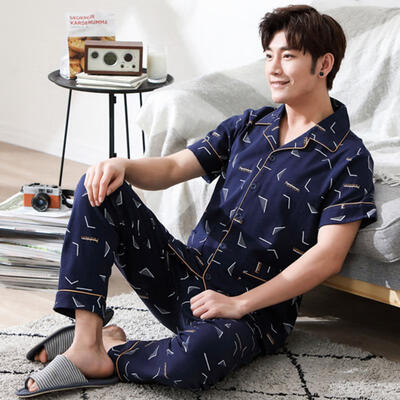

Summer Pajamas For Men Cotton Silk Short-sleeve Solid Turn-down Collar Sleepwear Thin Trousers Pajamas Set