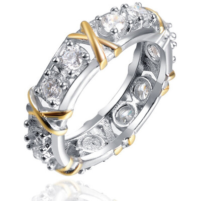 

White Sapphire Birthstone 925 Silver Two Tone Wedding Bridal Ring Gift Size 6-9