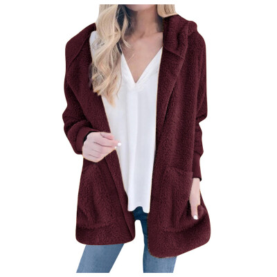 

Toponeto Autumn And Winter New Solid Color Plush Hooded Fashion Cardigan Coat Female