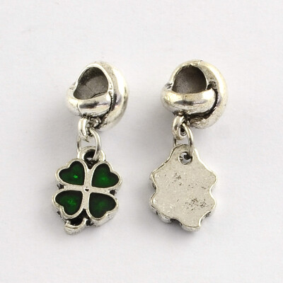 

Alloy Enamel Style European Dangle Beads Clover Antique Silver DarkGreen 24mm Hole 45mm