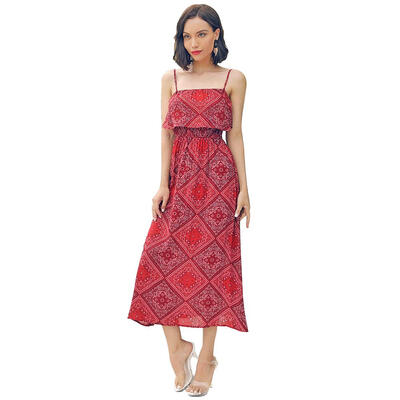 

Ethnic Geometric Print Dress Women Sling Sleeveless Tunic Maxi Slim Dresses