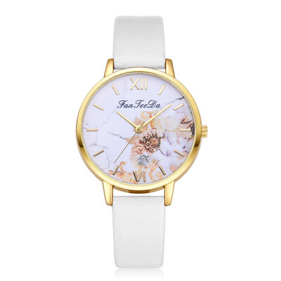 

FanTeeDa Brand Women Print Big Dial Watch Ladies Leather Quartz Watches Gold Color Flower Dress Wristwatch Female 533