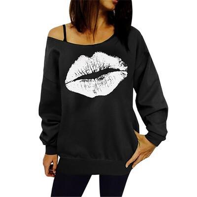 

fashion Hoodies Women Sweatshirt Casual Sexy Lip Print Pullover Inclined Shoulder Long Sleeve Top