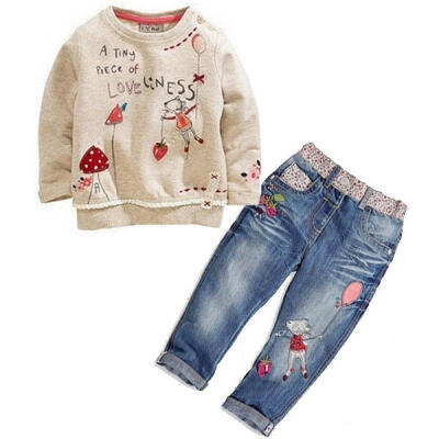 

2018 Kids Baby Children Girls Autumn Clothing Long Sleeves Sweater Jeans suit Cartoon Set Denim Pants Outfits 2-7Y