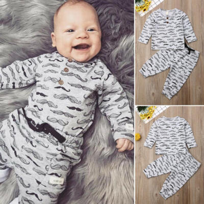 

UK Newborn Baby Boys Outfit Beard Print Long Sleeve TShirt TopPants Clothes Set