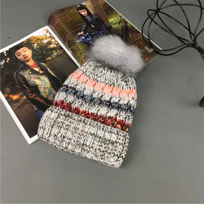 

Winter warm wool cap woman candy color rainbow knitted hat hair ball curling cover hat tide ear cap wholesale