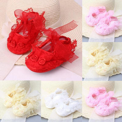 

New Baby Girls Newborn Satin Christening Floral Lace Crochet Soft Sole Shoes Princess Kids Infantil Cotton Crib Shoes Prewalke