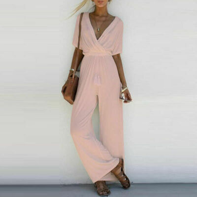

Women V Neck Loose Playsuit Short Sleeve Jumpsuit Romper Long Trousers Plus Size