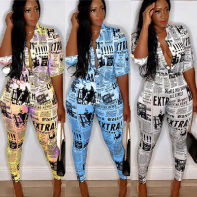 

Autumn Womens 2Pcs Set Tracksuit V Neck Printed Shirts Pants Outfits Plus Size