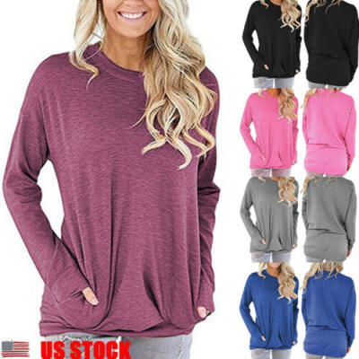 

Womens Loose Long Sleeve Casual Blouse Shirt Tunic Tops Fashion Pocket Pullover