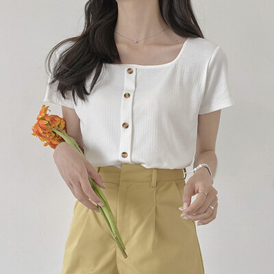 

Knit short sleeve square collar T-shirt Women Vintage O-neck Short sleeve Slim Fit t-shirt tight Summer Autumn Top Female