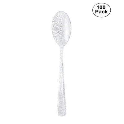 

100Pcs Silver Disposable Plastic Spoons Picnic Catering Restaurant