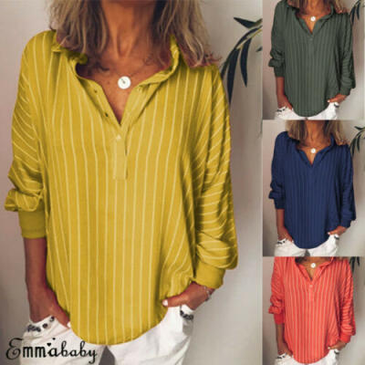 

Plus Size Women V-Neck Stripe Print T-Shirt Lady Summer Casual Baggy Tops Blouse