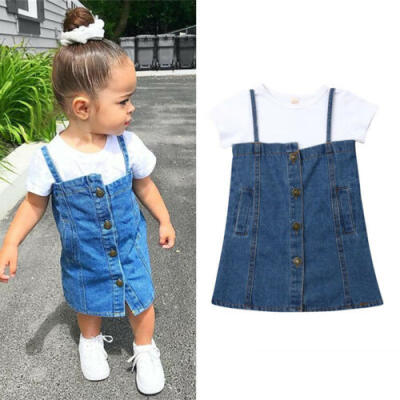 

Toddler Kids Baby Girls Tops T-shirt Denim Bib Skirt Dress 2PCS Outfits Clothes