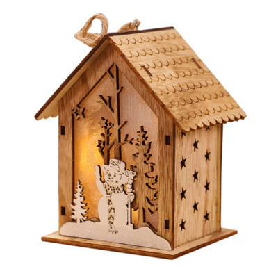 

Christmas Small Wooden House Ornament Led Light Up Xmas Tree Hanging Decoration Glowing Elk Santa Bell Design Mini Wood House