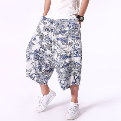 

Tailored Mens Wide Crotch Harem Cotton Linen Wide-legged Bloomers Baggy Cropped Trousers