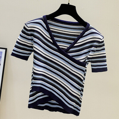 

Stripes T-Shirt Womens Cross V Collar T Shirts Summer Short Sleeve Clothes Women Knitted Slim Tshirt Casual Top Tees For Female