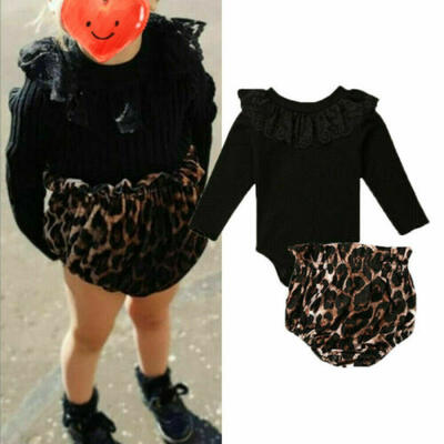 

UK Kids Baby Girl Clothes Lace Knitted Romper Leopard Shorts Pants Outfit 0-24M