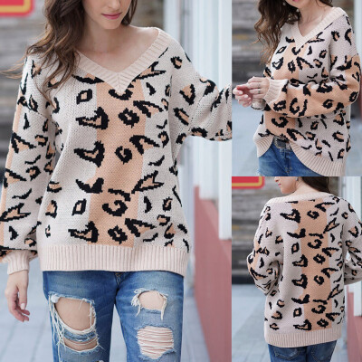 

〖Follure〗Womens V-neck Long Sleeved Fashion Loose Leopard Sweater Pullover Sweater