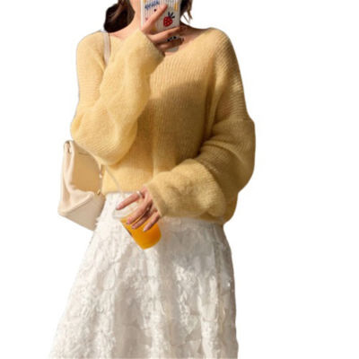 

Autumn Women Knitted Sweater Solid Color Mohair Pullover V Neck Sweet Loose Long-sleeve Knitwear Sweaters jumper pull femme Tops