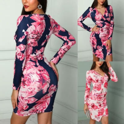 

Women Floral Maxi Dress Long Sleeve Sexy Slim Nightclub Evening Party Short Dress