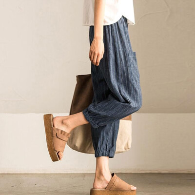 

Fashion Women Stripe Ankle-length Harem Pants High Waist Loose Casual Trousers Streetwear Blue