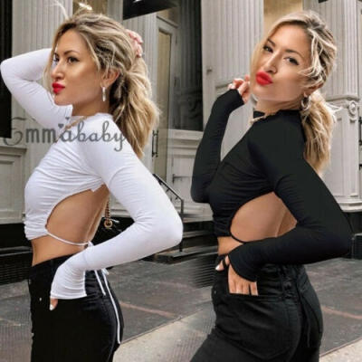 

Women Summer Crop Top Sheer Backless Blouse Long Sleeve Ladies T-Shirt Tee