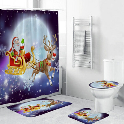 

〖Follure〗4Pcs Christmas shower Curtain Bathroom Anti-slip Carpet Rug Toilet Cover Mat Set