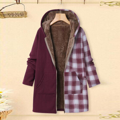 

Toponeto Plus Size Women Winter Warm Printed Pockets Thicker Zipper Hooded Coat Outwear