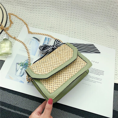 

2019 new simple contrast color woven bag fashion wild bow shoulder bag female Sen chain messenger bag